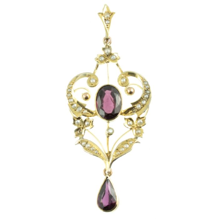 Edwardian 9ct gold Garnet and split pearl pendant