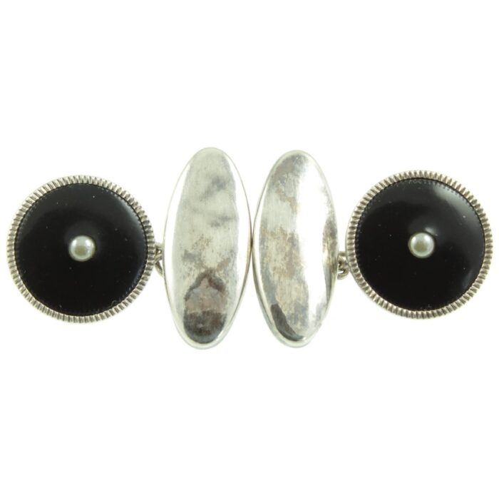 Art Deco Seed Pearl and Onyx Silver Cufflinks