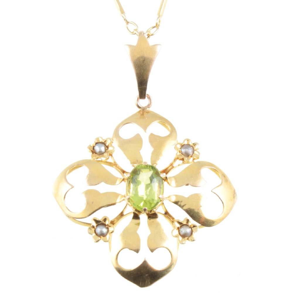 Art Nouveau Peridot and seed pearl pendant